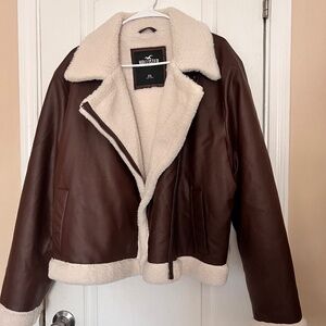 Crop Sherpa-Lined Faux Leather Biker Jacket